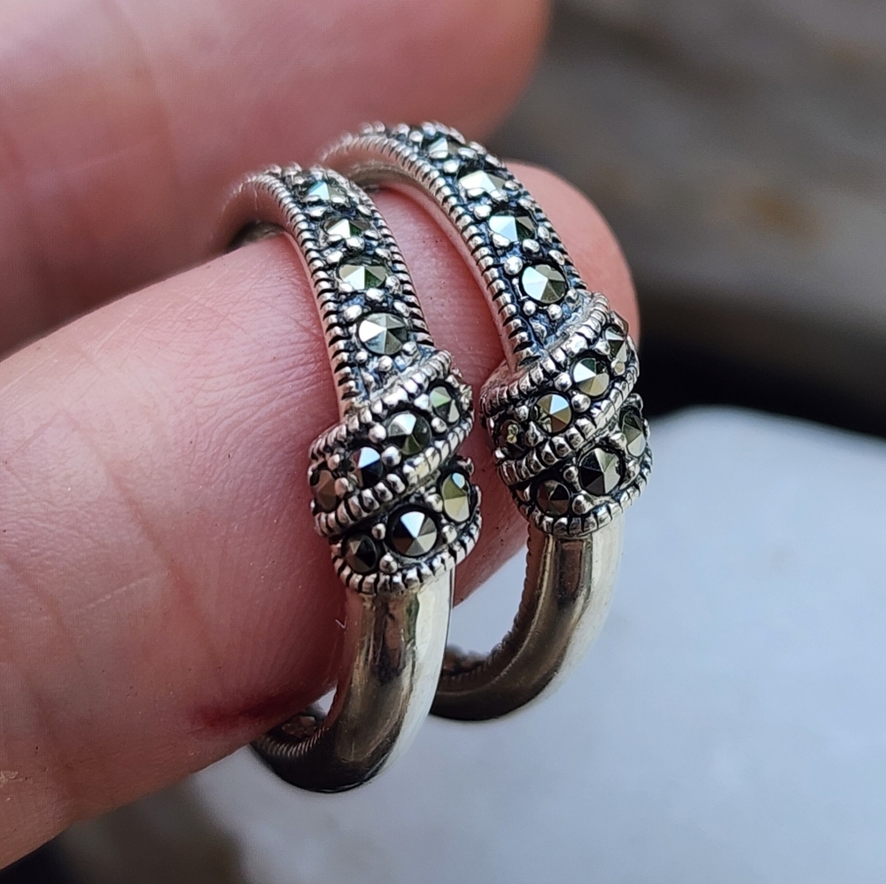 Vintage 925 Silver Hoops Knotted Sterling Silver Earrings Marcasite Mineral